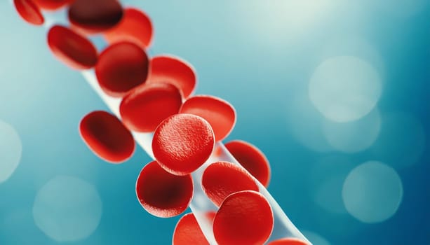 Close-up of red blood cells flowing in a blood vessel. Research concept.