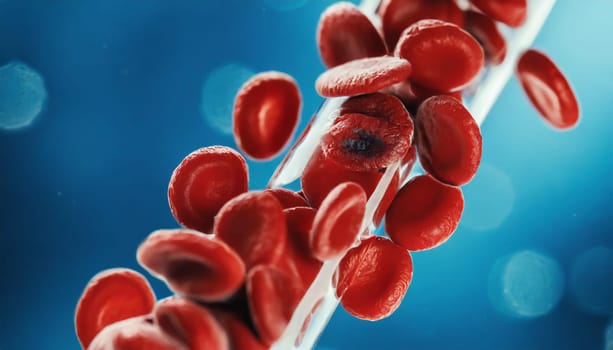 Close-up of red blood cells flowing in a blood vessel. Research concept.