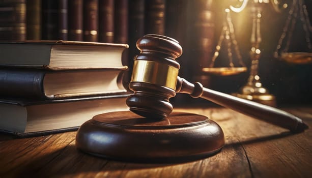 Wooden gavel and books on wooden table, law concept