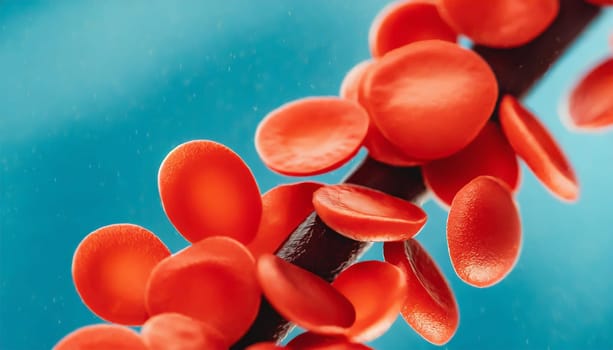 Close-up of red blood cells flowing in a blood vessel. Research concept.