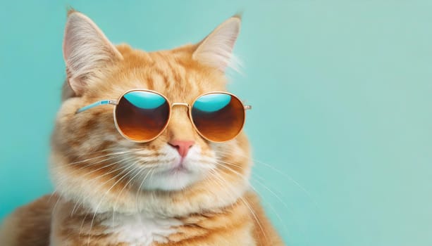 Closeup portrait of funny ginger cat wearing sunglasses isolated on light cyan. Copyspace.