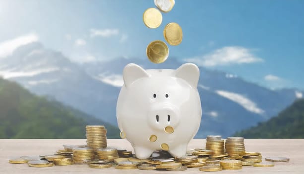 Coins falling to white piggy saving , Financial and money deposit concept.