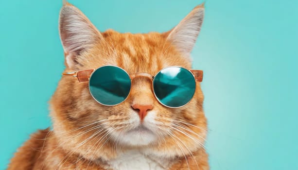 Closeup portrait of funny ginger cat wearing sunglasses isolated on light cyan. Copyspace.