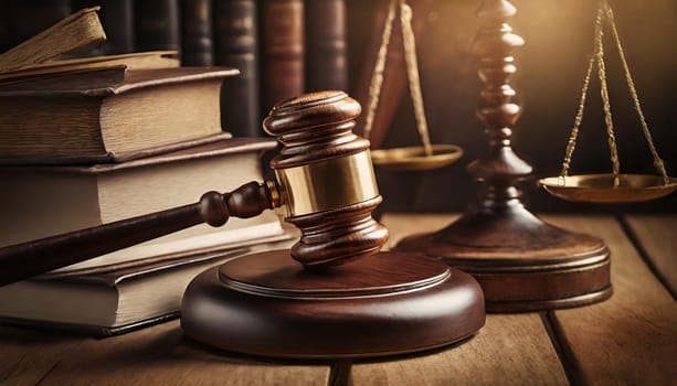 Wooden gavel and books on wooden table, law concept