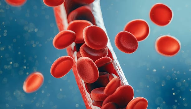 Close-up of red blood cells flowing in a blood vessel. Research concept.