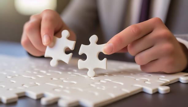 Company employees playing game and joining pieces of jigsaw puzzle during team building activity