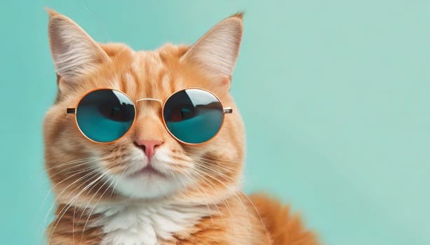 Closeup portrait of funny ginger cat wearing sunglasses isolated on light cyan. Copyspace.