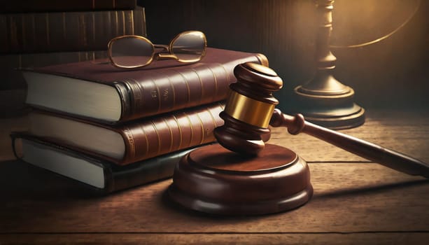 Wooden gavel and books on wooden table, law concept