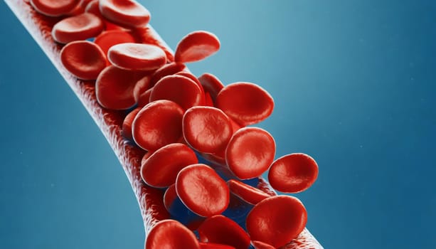 Close-up of red blood cells flowing in a blood vessel. Research concept.