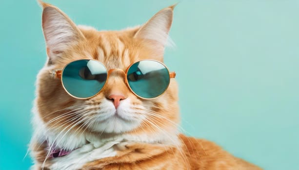 Closeup portrait of funny ginger cat wearing sunglasses isolated on light cyan. Copyspace.