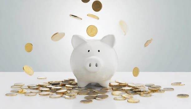 Coins falling to white piggy saving , Financial and money deposit concept.