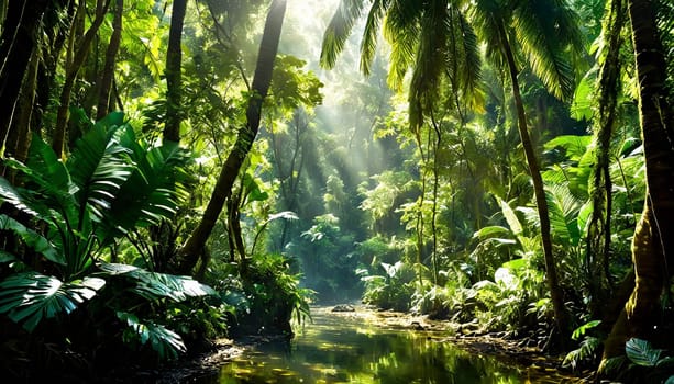 Deep tropical jungles. Dark rainforest, sun rays through the trees, rich jungle greenery.