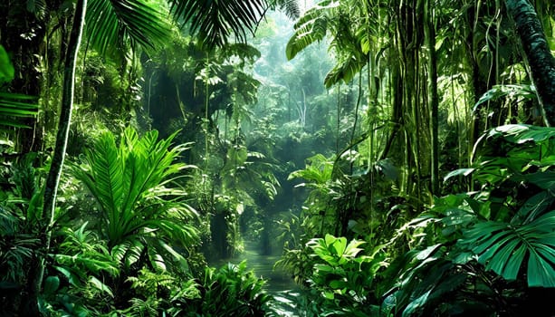 Deep tropical jungles. Dark rainforest, sun rays through the trees, rich jungle greenery.
