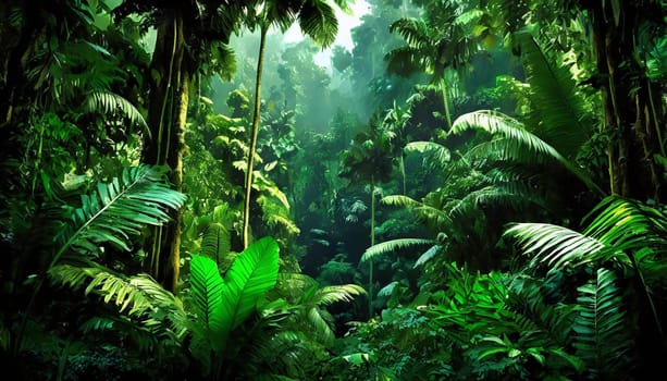 Deep tropical jungles. Dark rainforest, sun rays through the trees, rich jungle greenery.