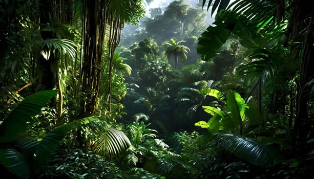 Deep tropical jungles. Dark rainforest, sun rays through the trees, rich jungle greenery.