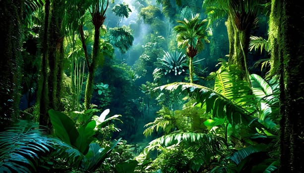 Deep tropical jungles. Dark rainforest, sun rays through the trees, rich jungle greenery.