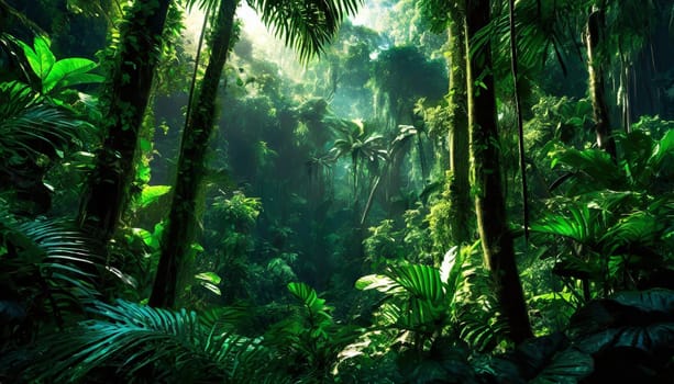 Deep tropical jungles. Dark rainforest, sun rays through the trees, rich jungle greenery.