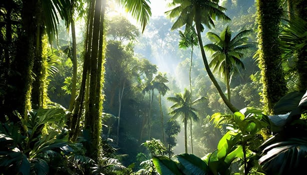 Deep tropical jungles. Dark rainforest, sun rays through the trees, rich jungle greenery.