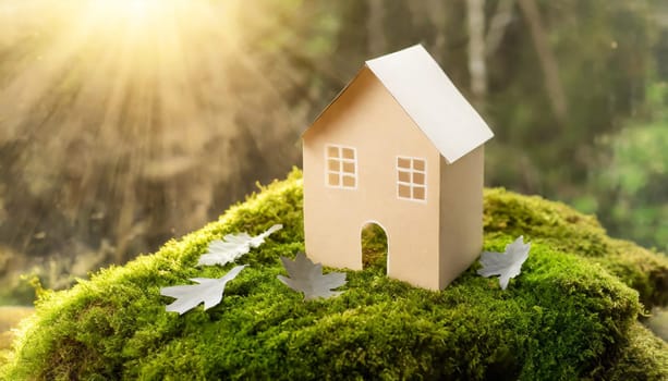 Eco house. Green and environmentally friendly housing concept. Miniature wooden house in spring grass, moss and ferns on a sunny day