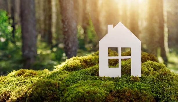 Eco house. Green and environmentally friendly housing concept. Miniature wooden house in spring grass, moss and ferns on a sunny day