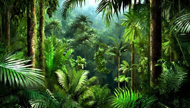 Deep tropical jungles. Dark rainforest, sun rays through the trees, rich jungle greenery.