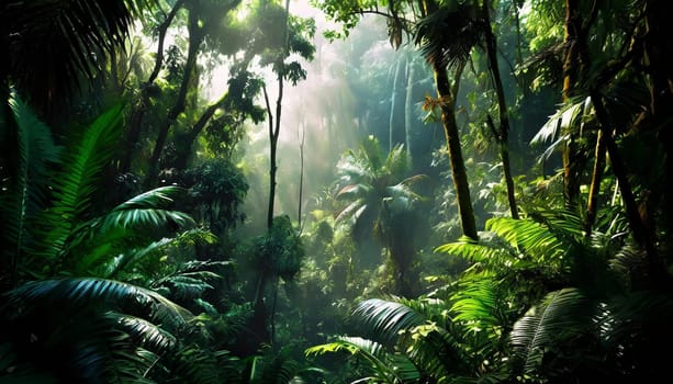 Deep tropical jungles. Dark rainforest, sun rays through the trees, rich jungle greenery.