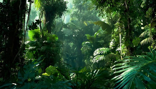 Deep tropical jungles. Dark rainforest, sun rays through the trees, rich jungle greenery.