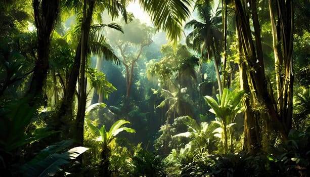 Deep tropical jungles. Dark rainforest, sun rays through the trees, rich jungle greenery.