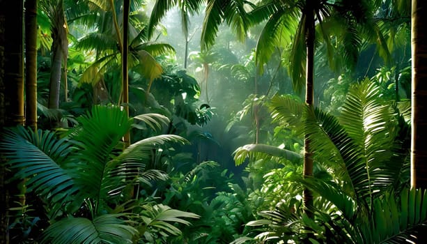 Deep tropical jungles. Dark rainforest, sun rays through the trees, rich jungle greenery.