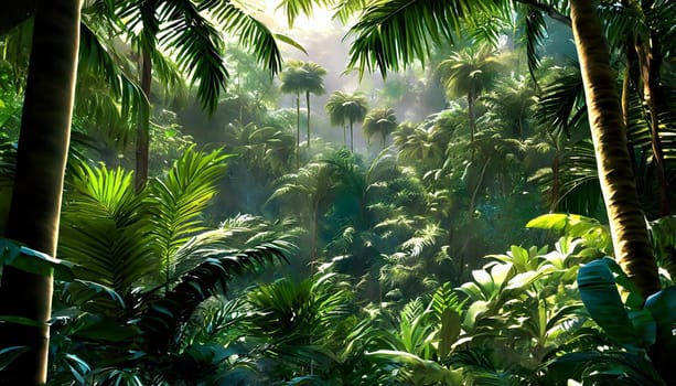 Deep tropical jungles. Dark rainforest, sun rays through the trees, rich jungle greenery.