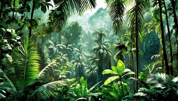 Deep tropical jungles. Dark rainforest, sun rays through the trees, rich jungle greenery.