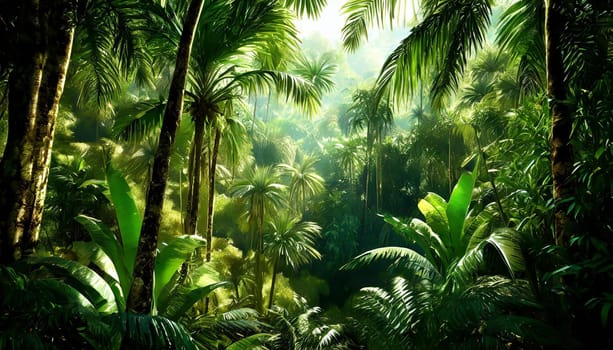 Deep tropical jungles. Dark rainforest, sun rays through the trees, rich jungle greenery.