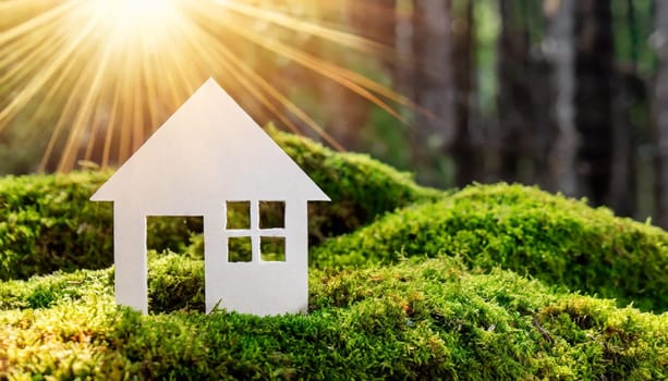 Eco house. Green and environmentally friendly housing concept. Miniature wooden house in spring grass, moss and ferns on a sunny day