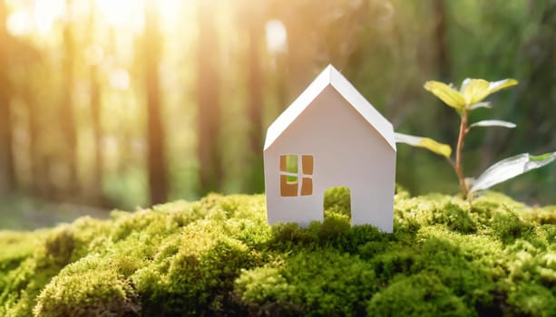 Eco house. Green and environmentally friendly housing concept. Miniature wooden house in spring grass, moss and ferns on a sunny day