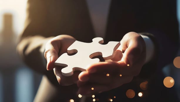People holds in hand a jigsaw puzzle. Business solutions, success and strategy.