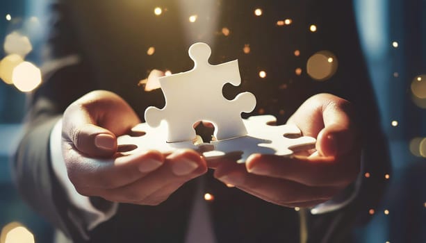 People holds in hand a jigsaw puzzle. Business solutions, success and strategy.