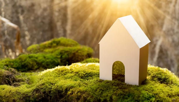 Eco house. Green and environmentally friendly housing concept. Miniature wooden house in spring grass, moss and ferns on a sunny day