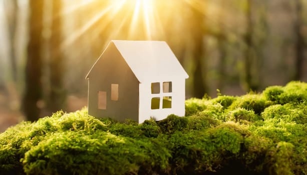 Eco house. Green and environmentally friendly housing concept. Miniature wooden house in spring grass, moss and ferns on a sunny day