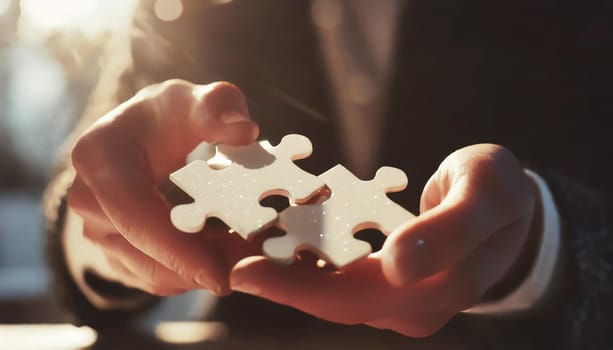 People holds in hand a jigsaw puzzle. Business solutions, success and strategy.