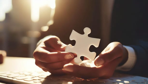 People holds in hand a jigsaw puzzle. Business solutions, success and strategy.
