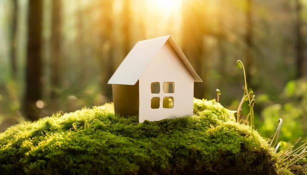 Eco house. Green and environmentally friendly housing concept. Miniature wooden house in spring grass, moss and ferns on a sunny day
