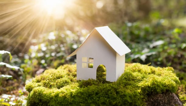 Eco house. Green and environmentally friendly housing concept. Miniature wooden house in spring grass, moss and ferns on a sunny day