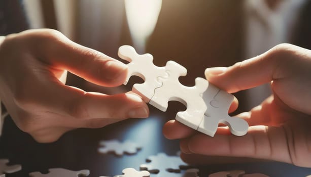 People holds in hand a jigsaw puzzle. Business solutions, success and strategy.