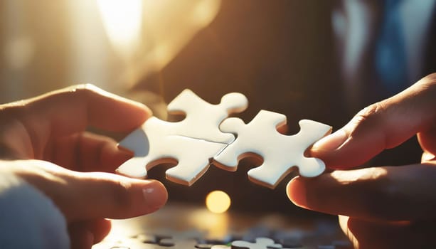 People holds in hand a jigsaw puzzle. Business solutions, success and strategy.
