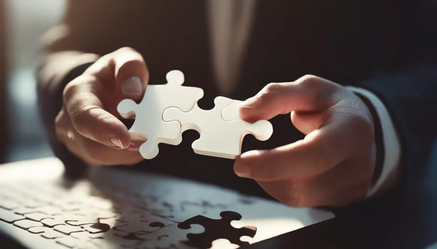 People holds in hand a jigsaw puzzle. Business solutions, success and strategy.