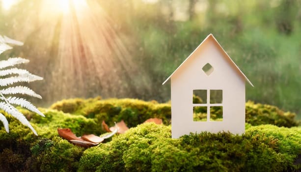 Eco house. Green and environmentally friendly housing concept. Miniature wooden house in spring grass, moss and ferns on a sunny day