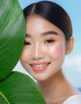Gorgeous Asian young woman with a fresh leaf to her face