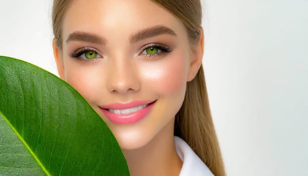 Portrait of young beautiful woman with healthy glow perfect smooth skin holds green tropical leaf. Model with natural nude make up. Gray background.