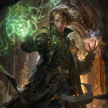 A mage with an intense gaze conjures swirling green spells, his expression focused and commanding. The intricate details of his attire and the magical aura suggest a deep mastery of the arcane
