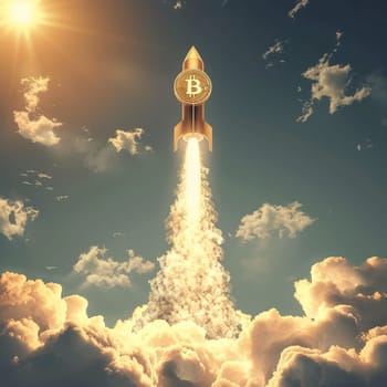 A rocket with a Bitcoin insignia soars skyward, leaving a trail of clouds behind, encapsulating the cryptocurrency's rapid ascent and the high ambitions of its investors and adopters
